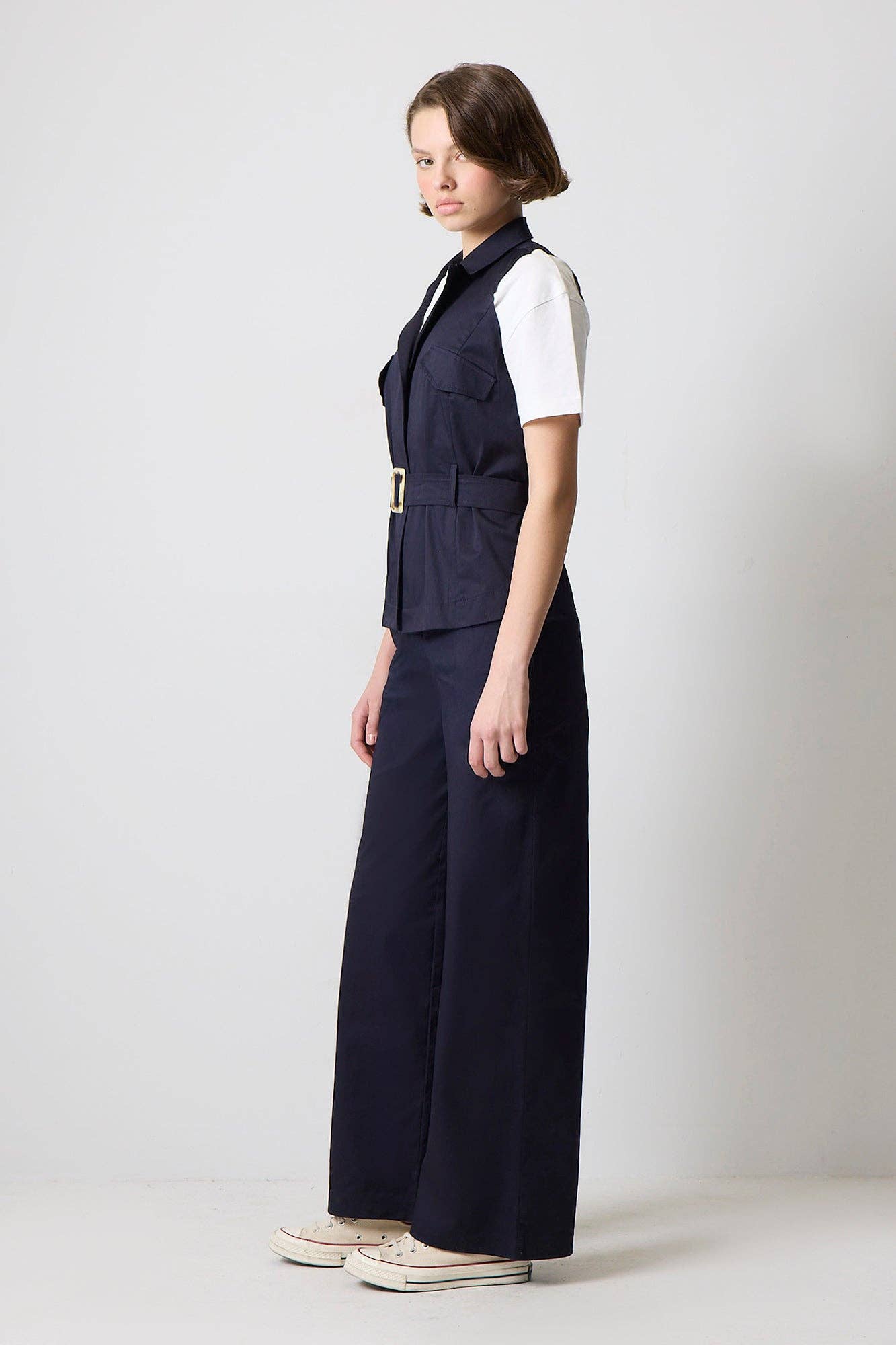 Completo donna in cotone blu navy con gilet con cintura e pantaloni palazzo