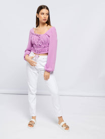 Blusa corta in rayon con maniche a sbuffo
