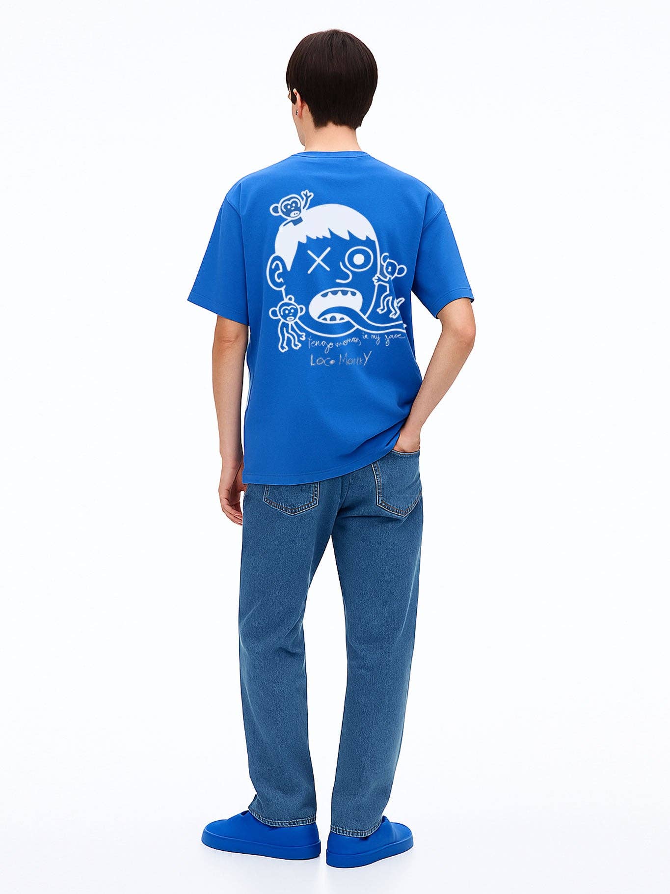 T-shirt blu elettrico con stampa scimmie