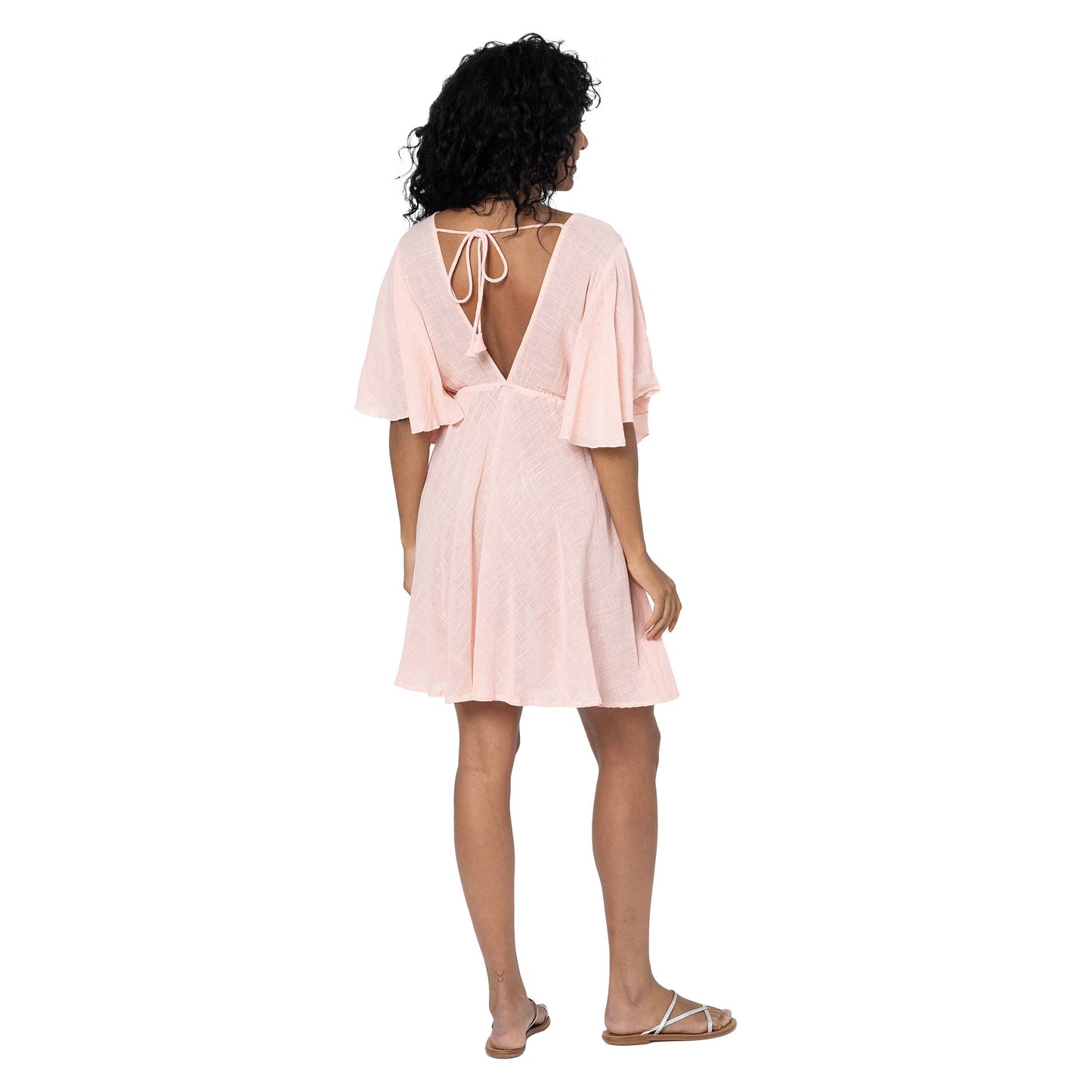 Vestito corto estivo in cotone rosa con scollo a V