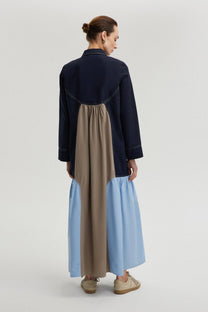 Abito lungo colour block con colletto in misto cotone