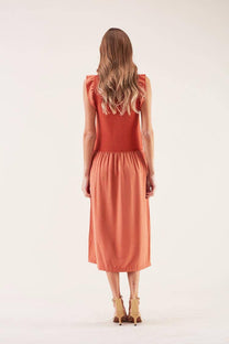 Abito midi in cotone con inserto a rete e scollo a V