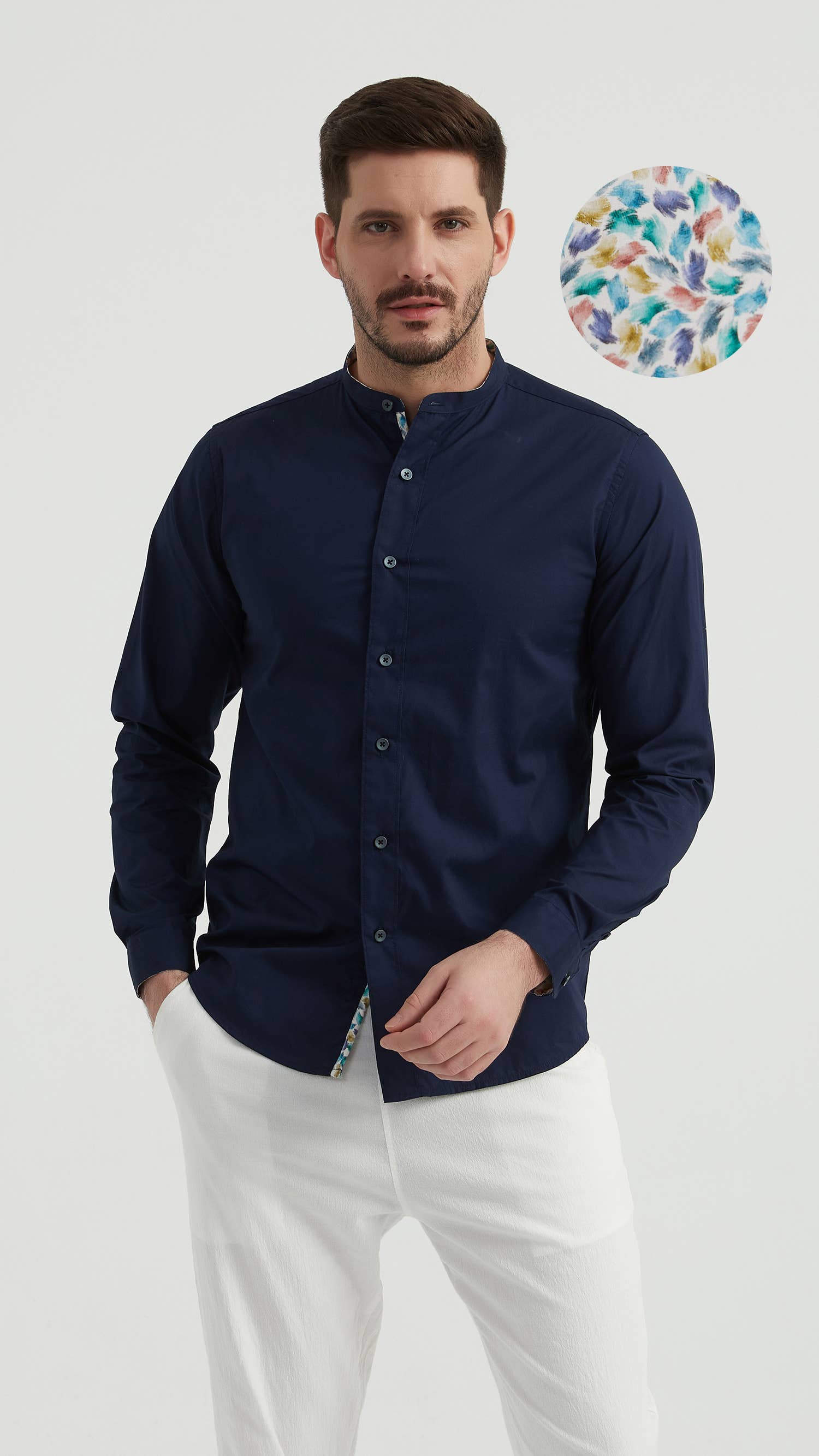 Camicia premium con collo alla coreana blu navy