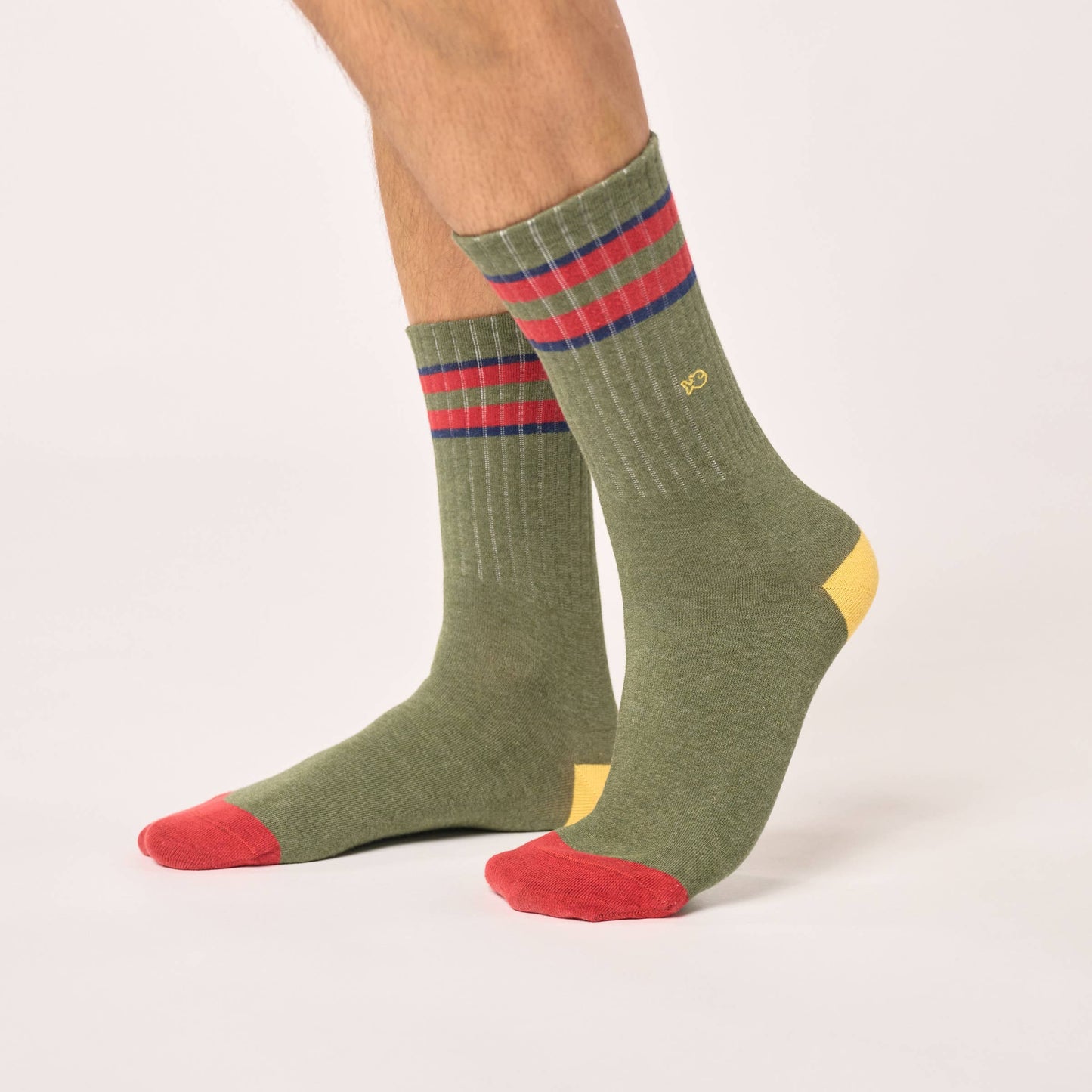 Calzini retrò in cotone pettinato kaki a righe rosse e blu