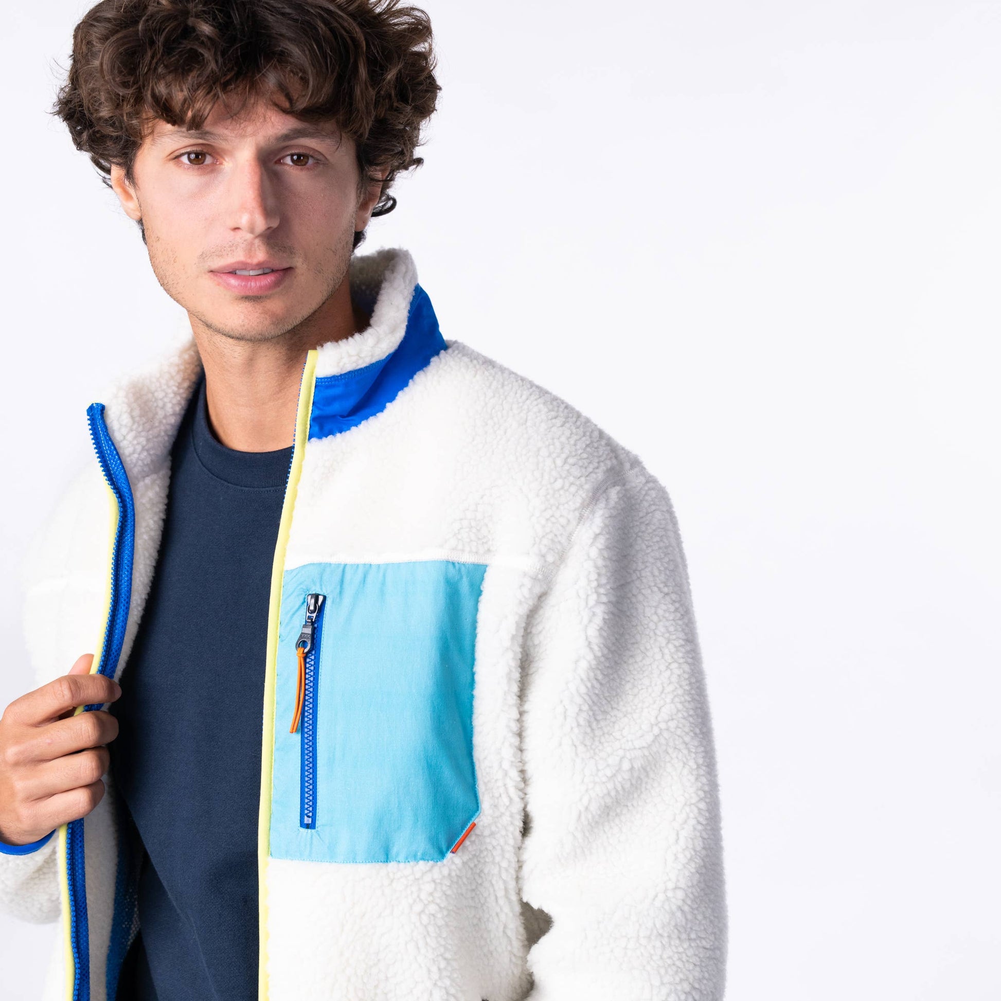 Giacca sherpa unisex con zip bicolore avorio e blu