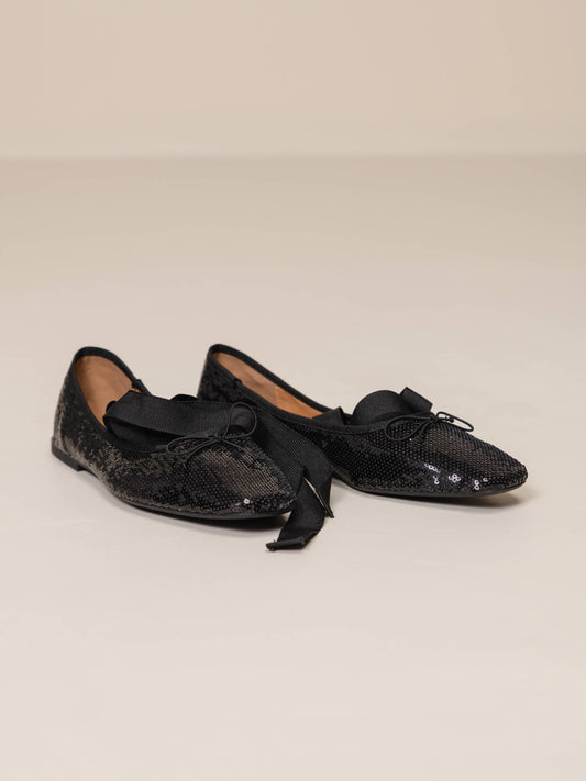 Ballerine nere con paillettes e nastri avvolgenti