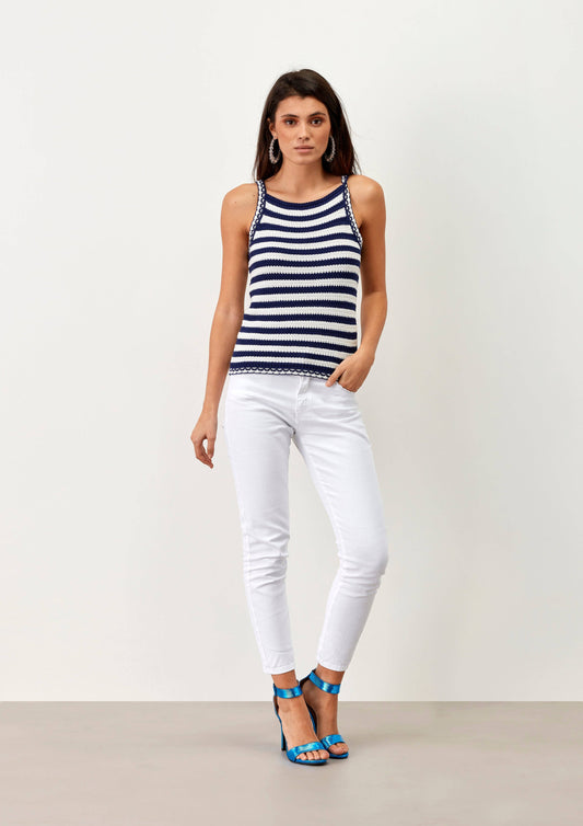 Top in maglia a righe blu e bianco in cotone