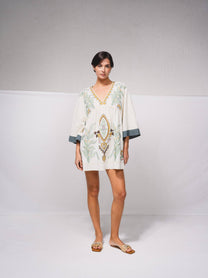 Vestito tunica corto in cotone con ricami a contrasto