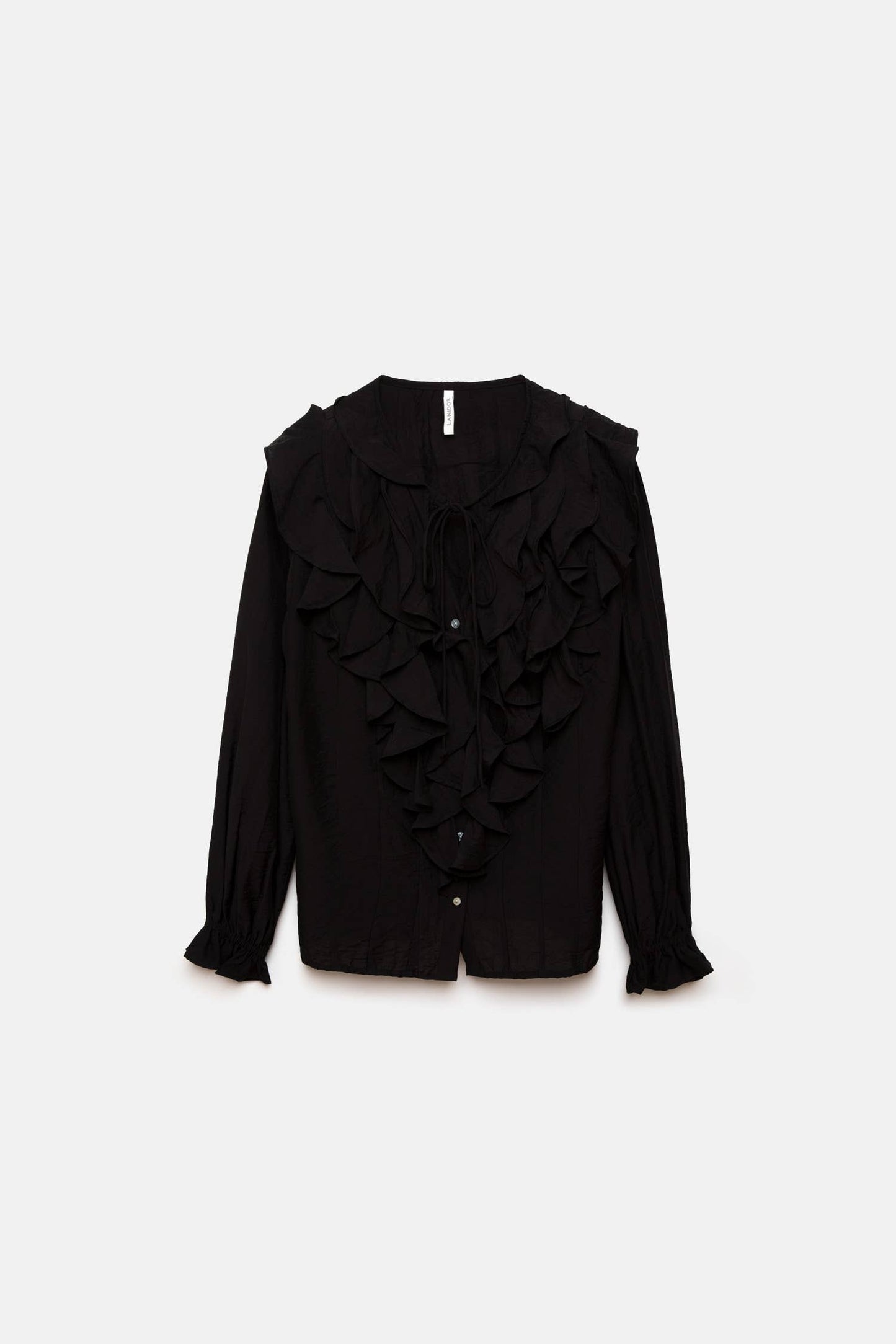 Blusa nera con volant e laccio al collo