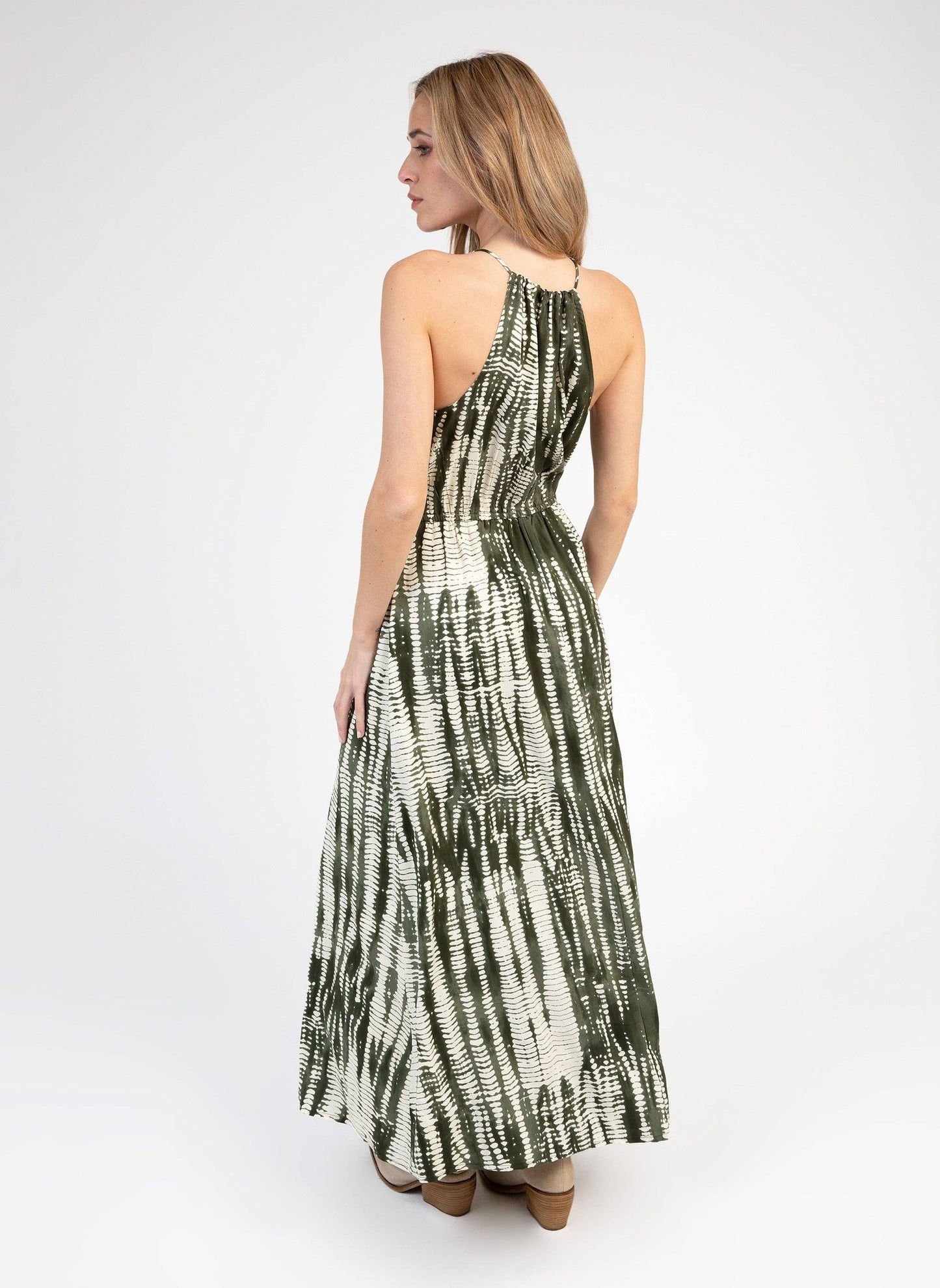 Abito lungo maxi khaki con stampa tie-dye