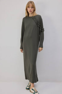 Abito in maglia lungo arricciato color cachi