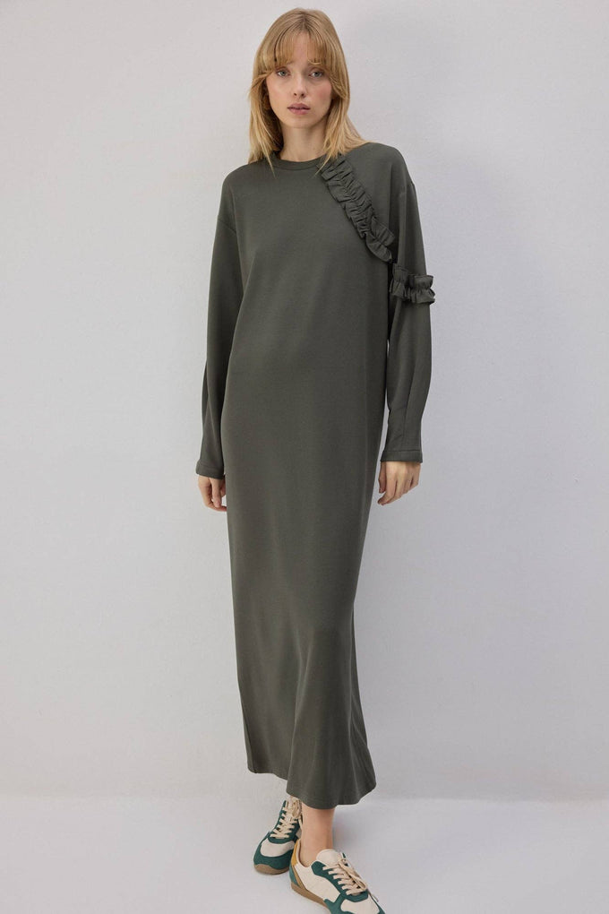 Abito in maglia lungo arricciato color cachi