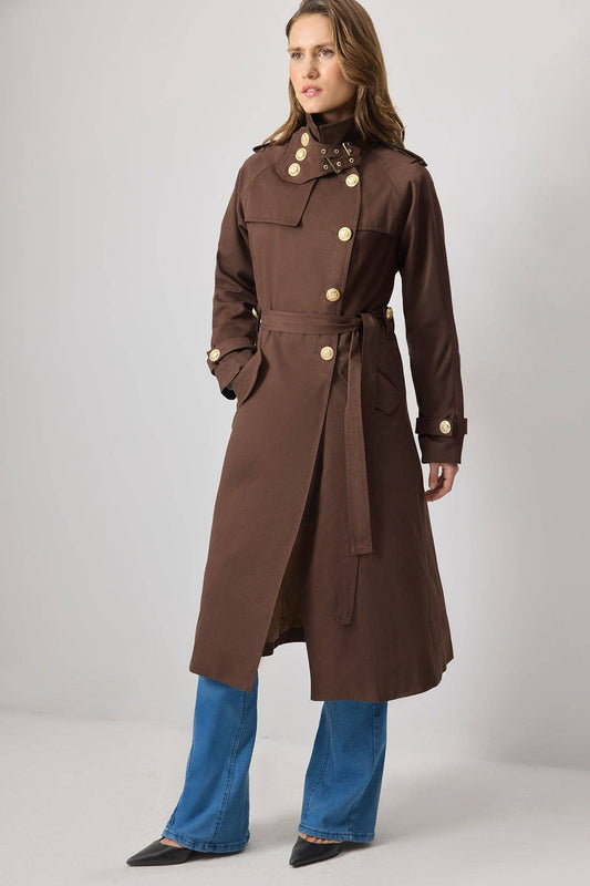 Trench in cotone con cintura e bottoni oro