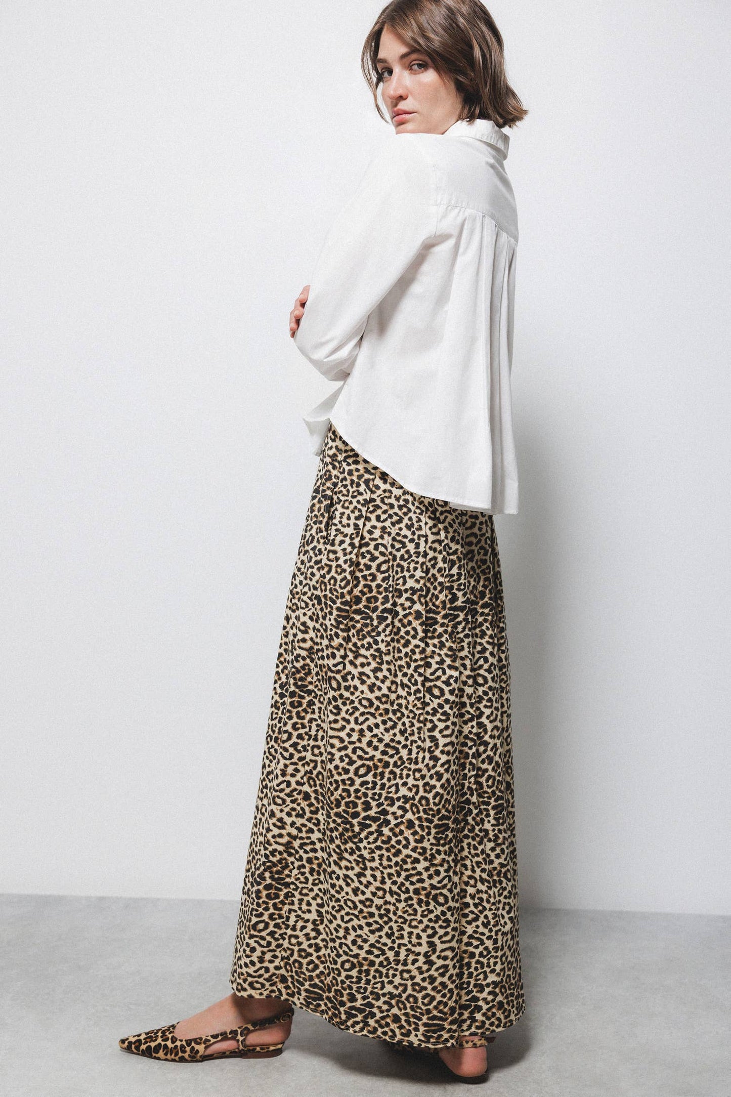 Gonna midi animalier plissettata in cotone