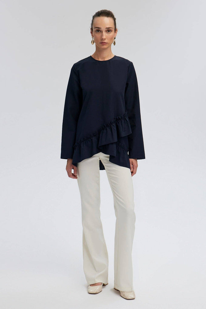 Tunica blu navy con balze asimmetriche