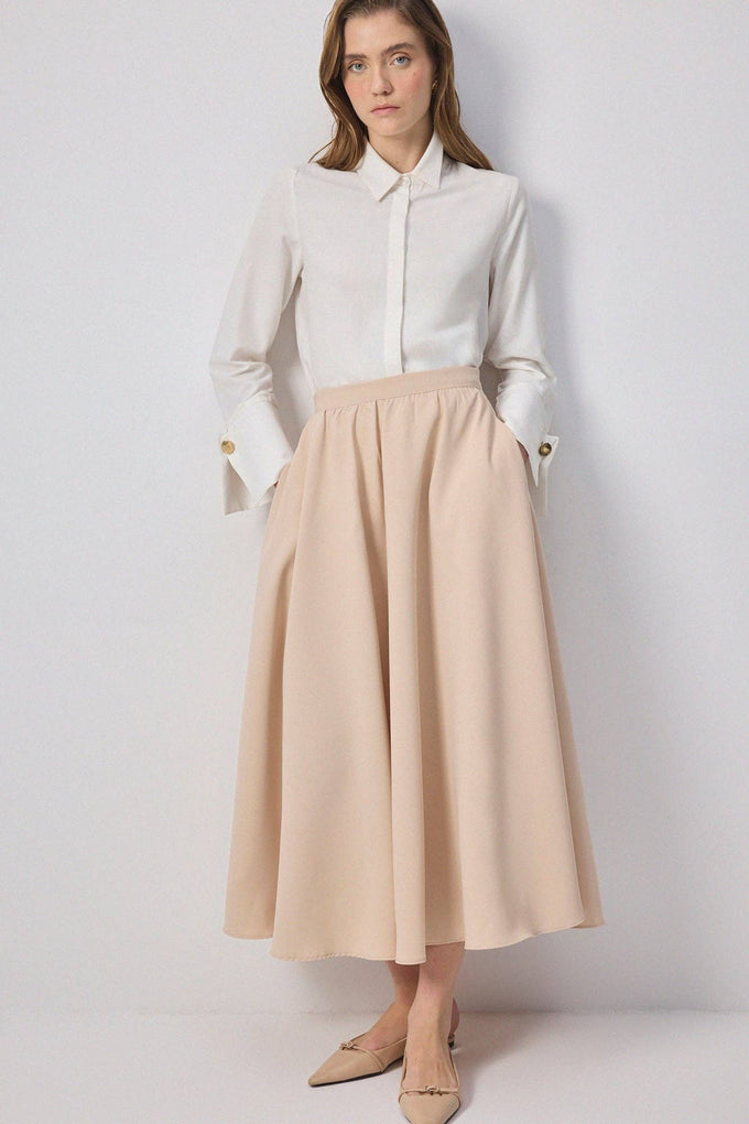 Gonna midi a trapezio in crepe beige fluido