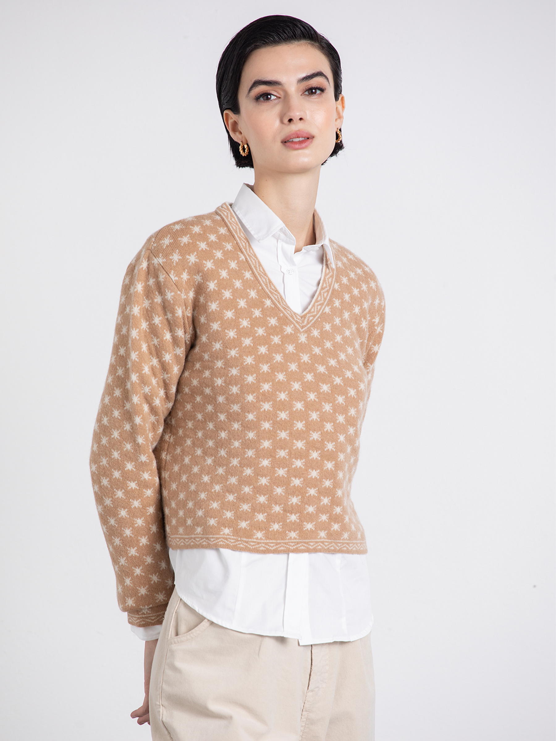 Maglione jacquard con scollo a V in lana e cashmere