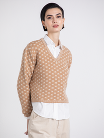 Maglione jacquard con scollo a V in lana e cashmere