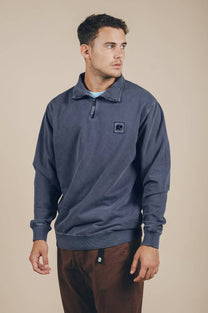 Felpa Sauce con mezza zip tinta a pigmenti blu navy sbiadito