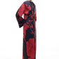 Abito maxi nero con stampa floreale rossa e cintura in vita