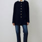 Cardigan lungo blu navy con bottoni dorati