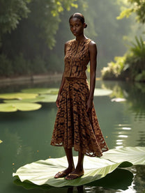 Gonna midi elegante in pizzo e velluto marrone