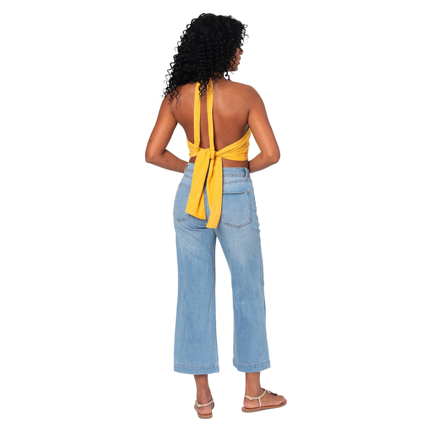 Top crop boho giallo con schiena scoperta
