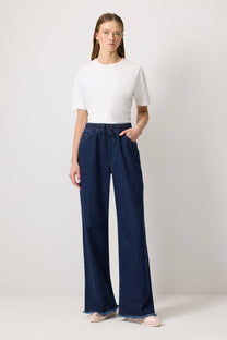 Pantaloni denim wide leg con vita elasticizzata