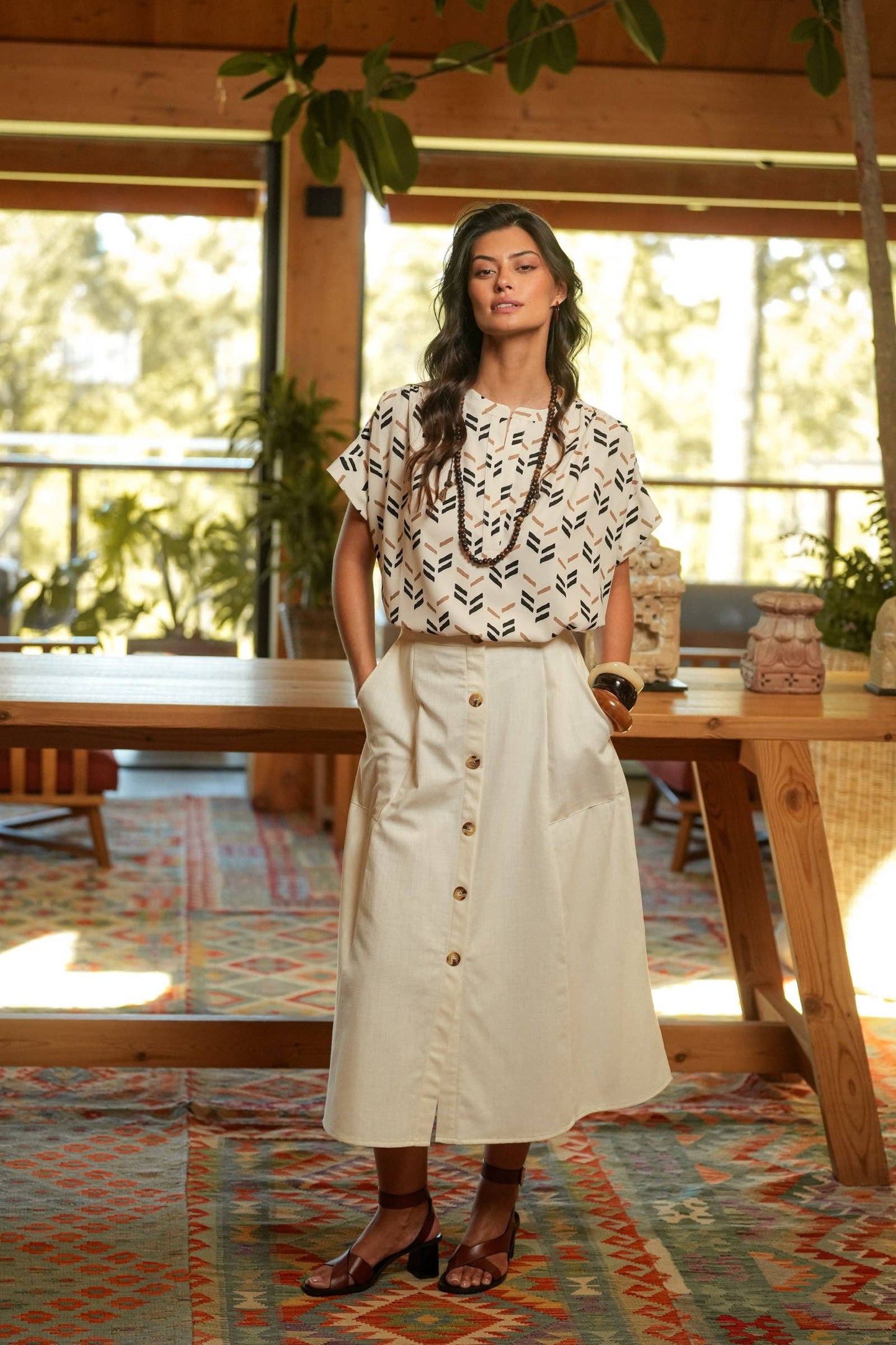 Gonna midi in cotone con bottoni