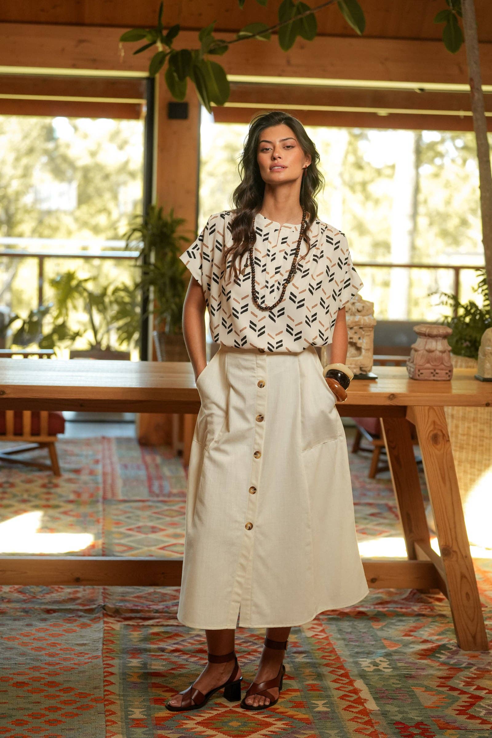 Gonna midi in cotone con bottoni