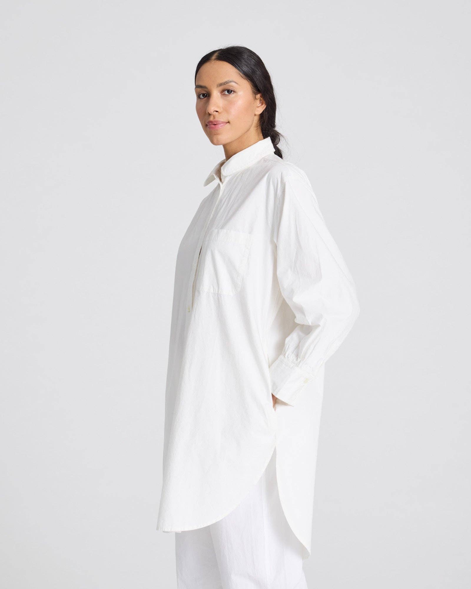 Tunica camicia oversize in popeline di cotone biologico bianco