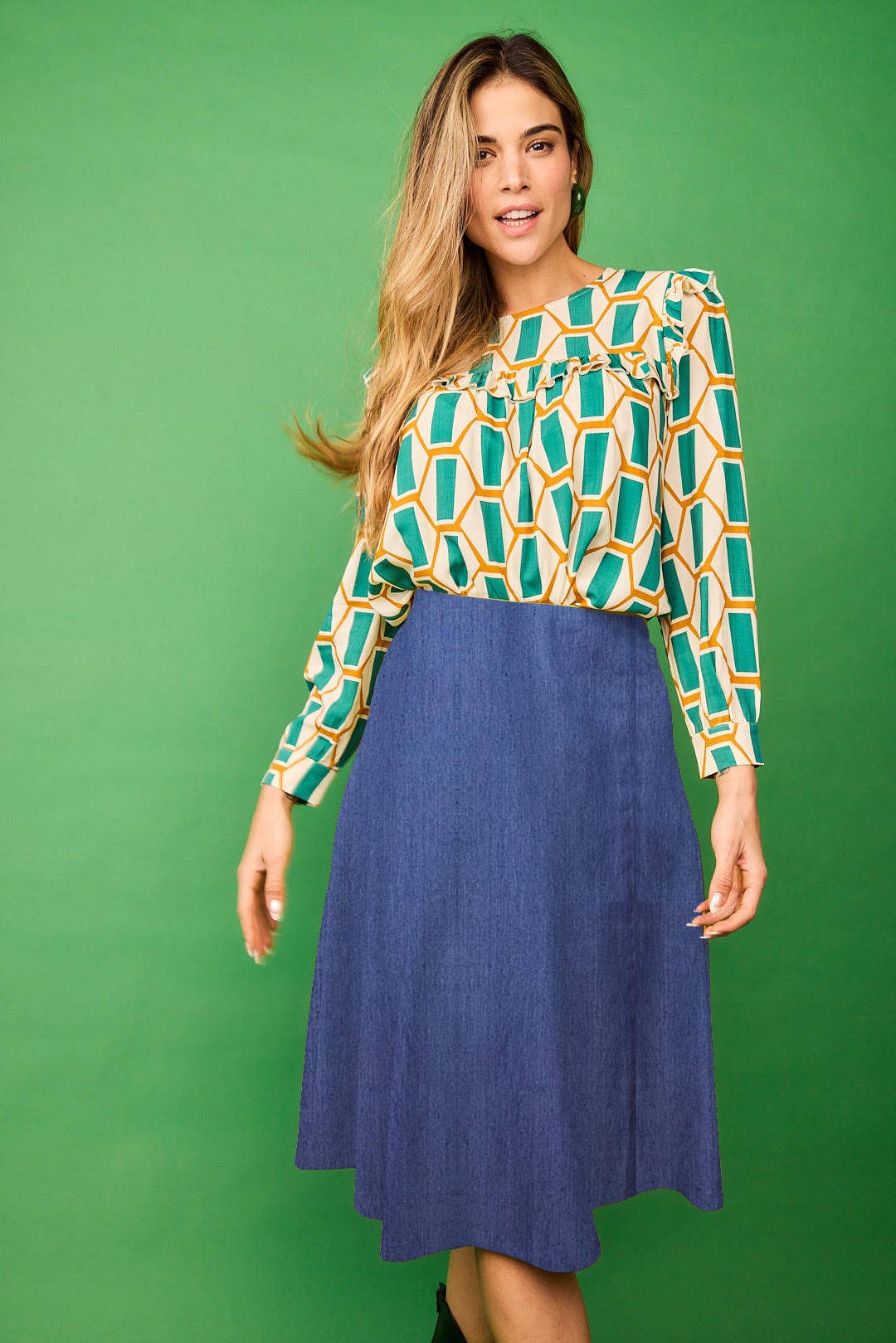 Gonna midi a vita alta in denim blu