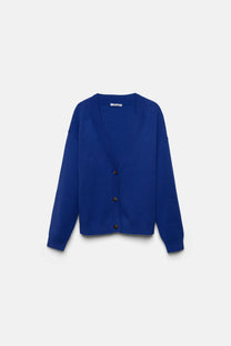 Cardigan in maglia blu con scollo a V