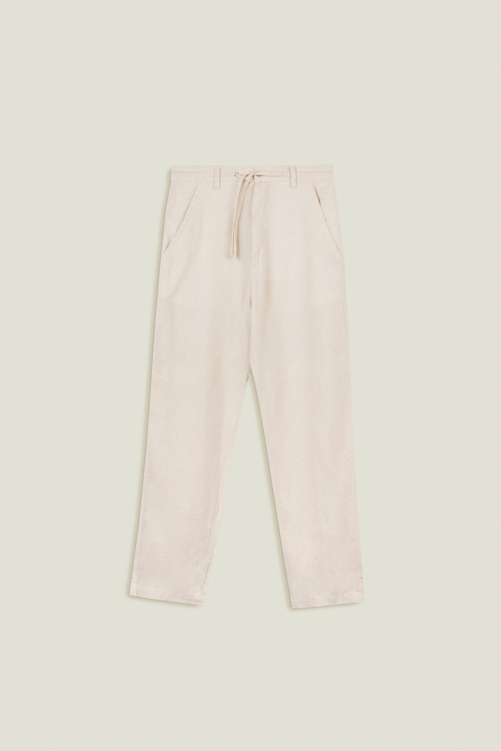 Pantaloni in lino a gamba dritta color crema
