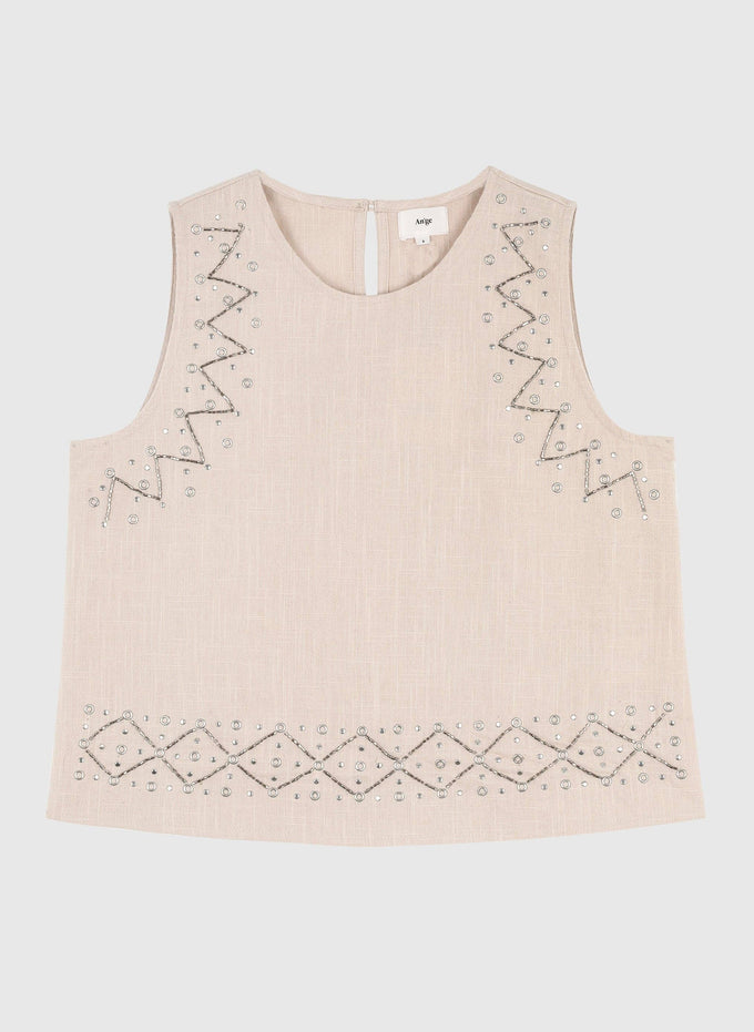 Top smanicato in lino con ricamo gioiello
