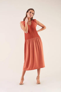 Abito midi in cotone con inserto a rete e scollo a V