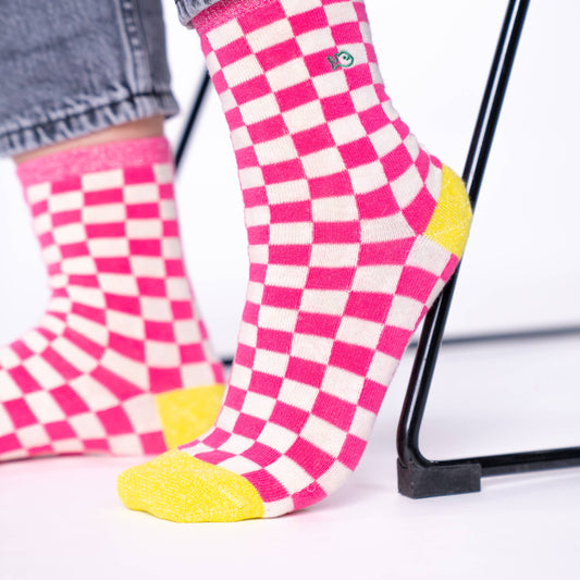 Calzini in cotone pettinato a quadretti rosa, bianco e giallo