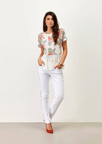 T-shirt in viscosa floreale con balza