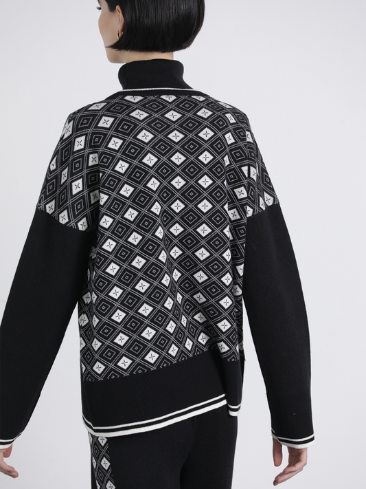 Maglia jacquard bicolore con scollo a V