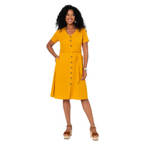 Abito estivo midi giallo in cotone e lino con cintura