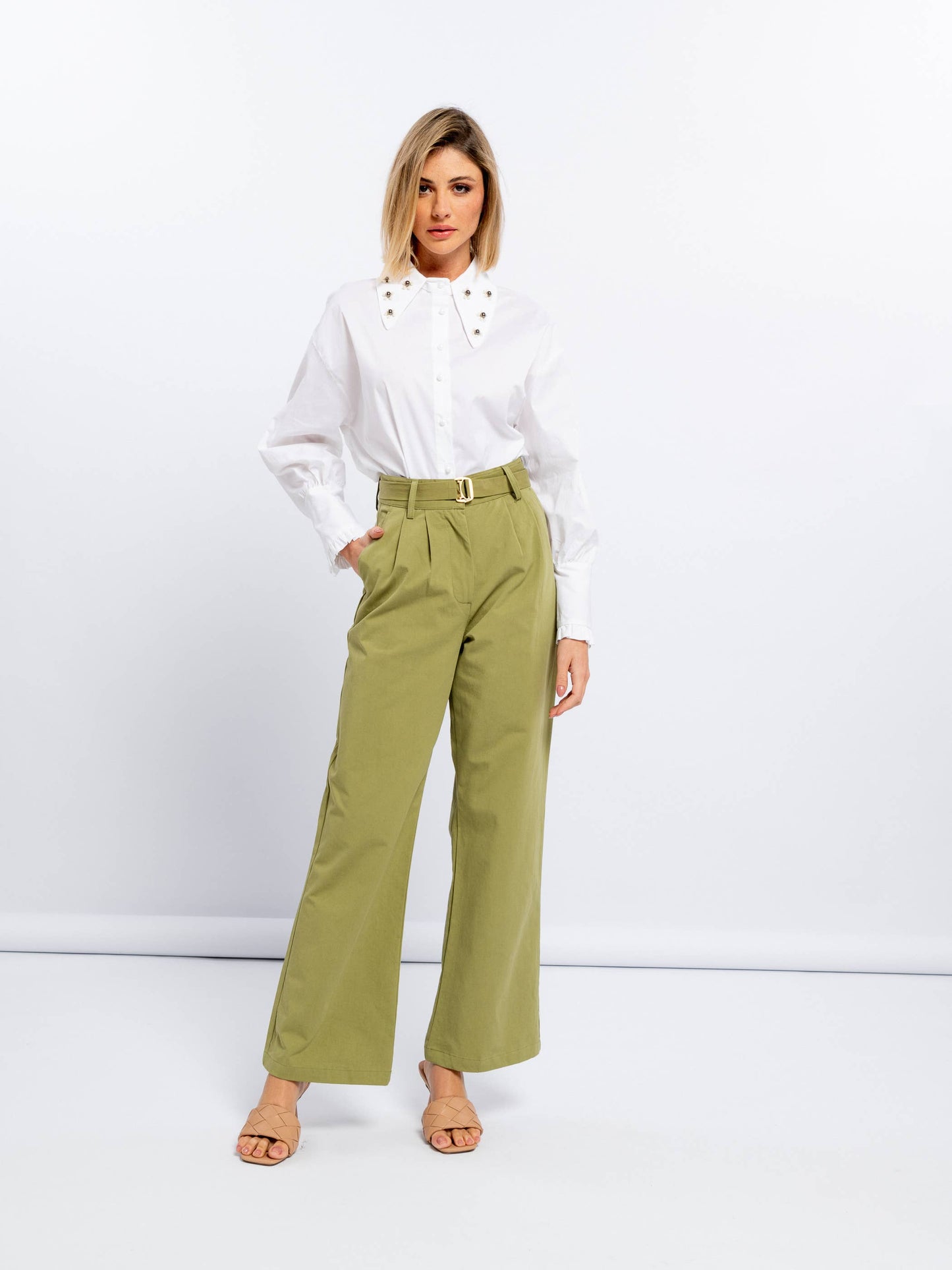 Pantaloni lunghi in cotone a vita alta con cintura