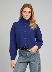 Cardigan cropped blu oltremare a collo alto