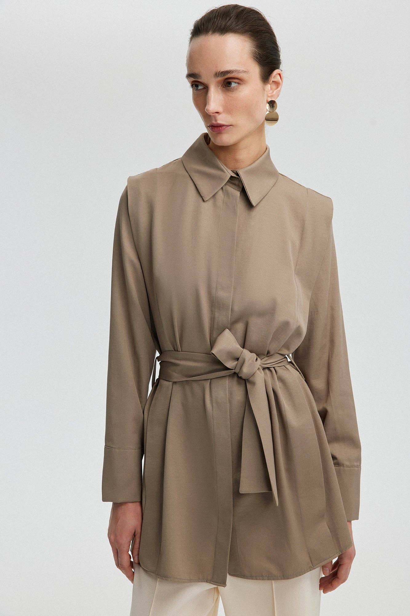 Camicia lunga in popeline con cintura