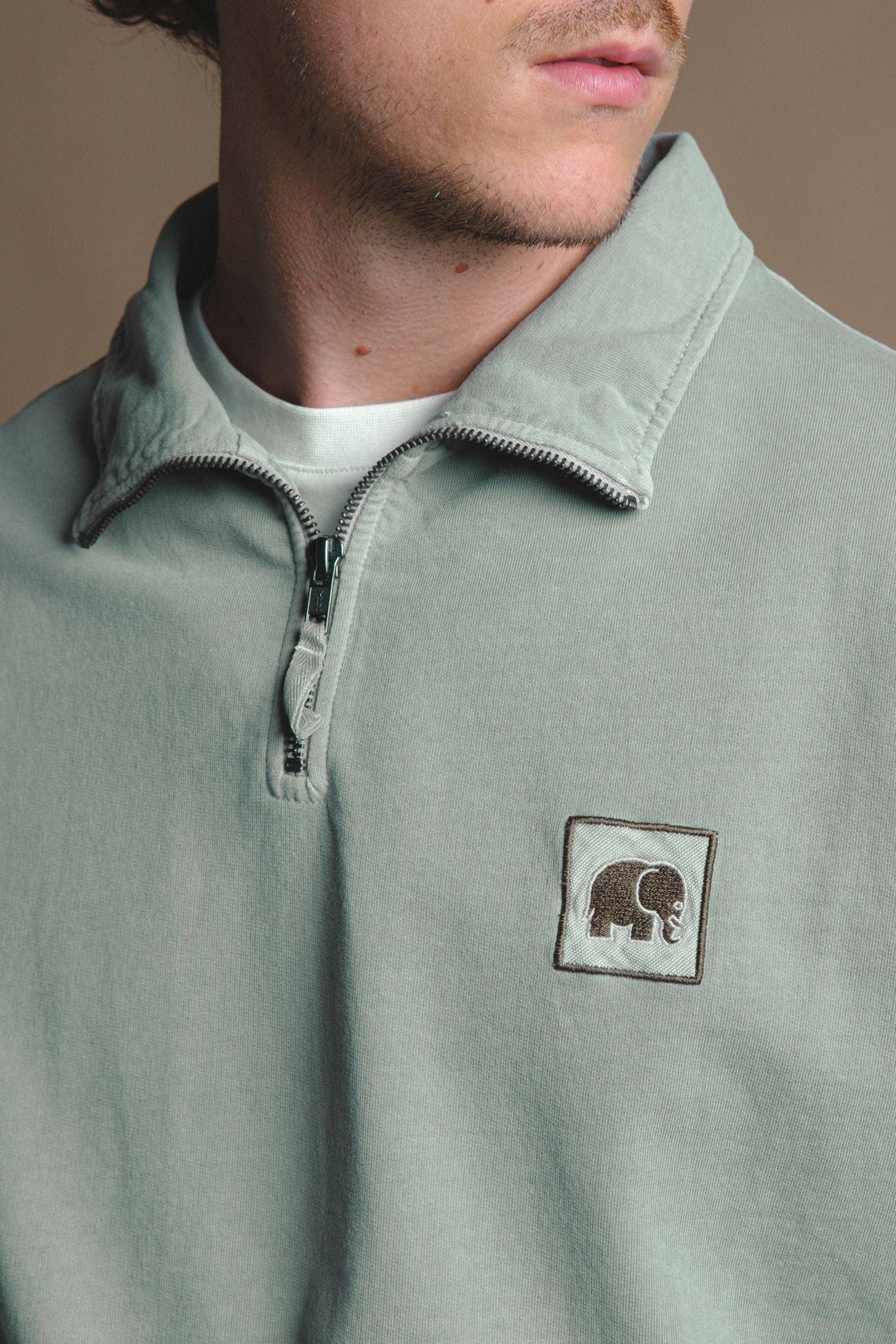 Maglione uomo con zip a un quarto tinto a pigmento verde salvia