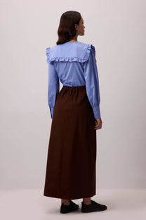 Camicia blu con colletto alla marinara arricciato
