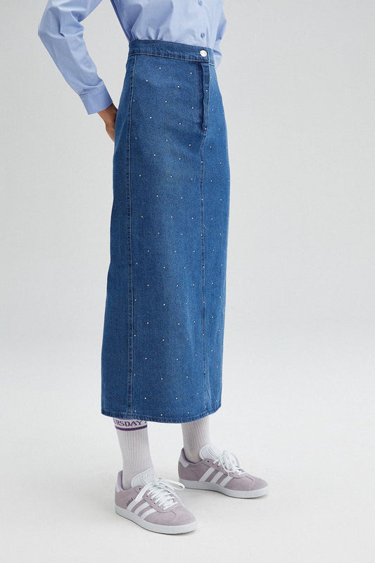Gonna lunga in denim con strass