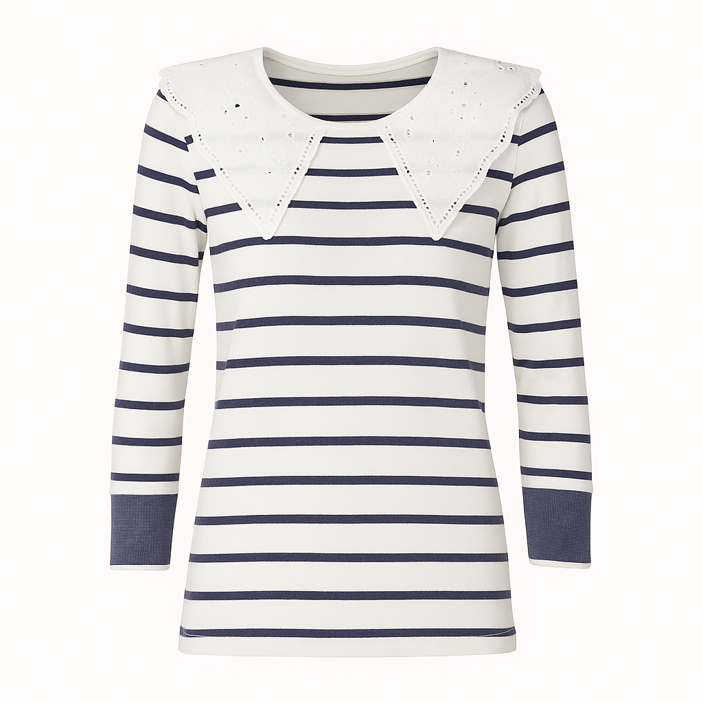 Maglia a righe con maxi colletto sangallo
