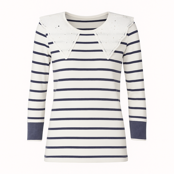 Maglia a righe con maxi colletto sangallo