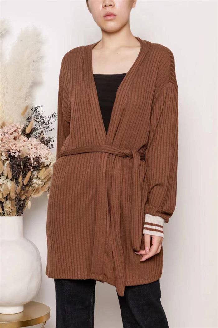 Cardigan lungo a coste con cintura