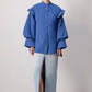 Camicia blu reale con volant in misto lino